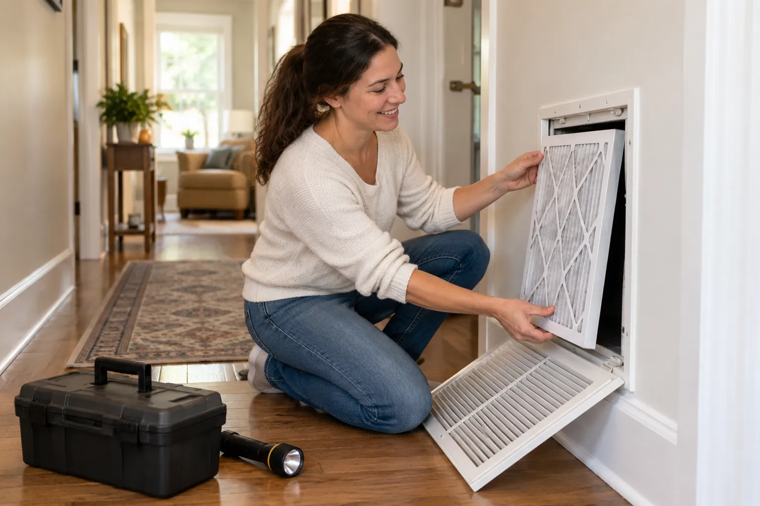 Homeowner changing an air filter before requesting an estimate in Eagle Mountain