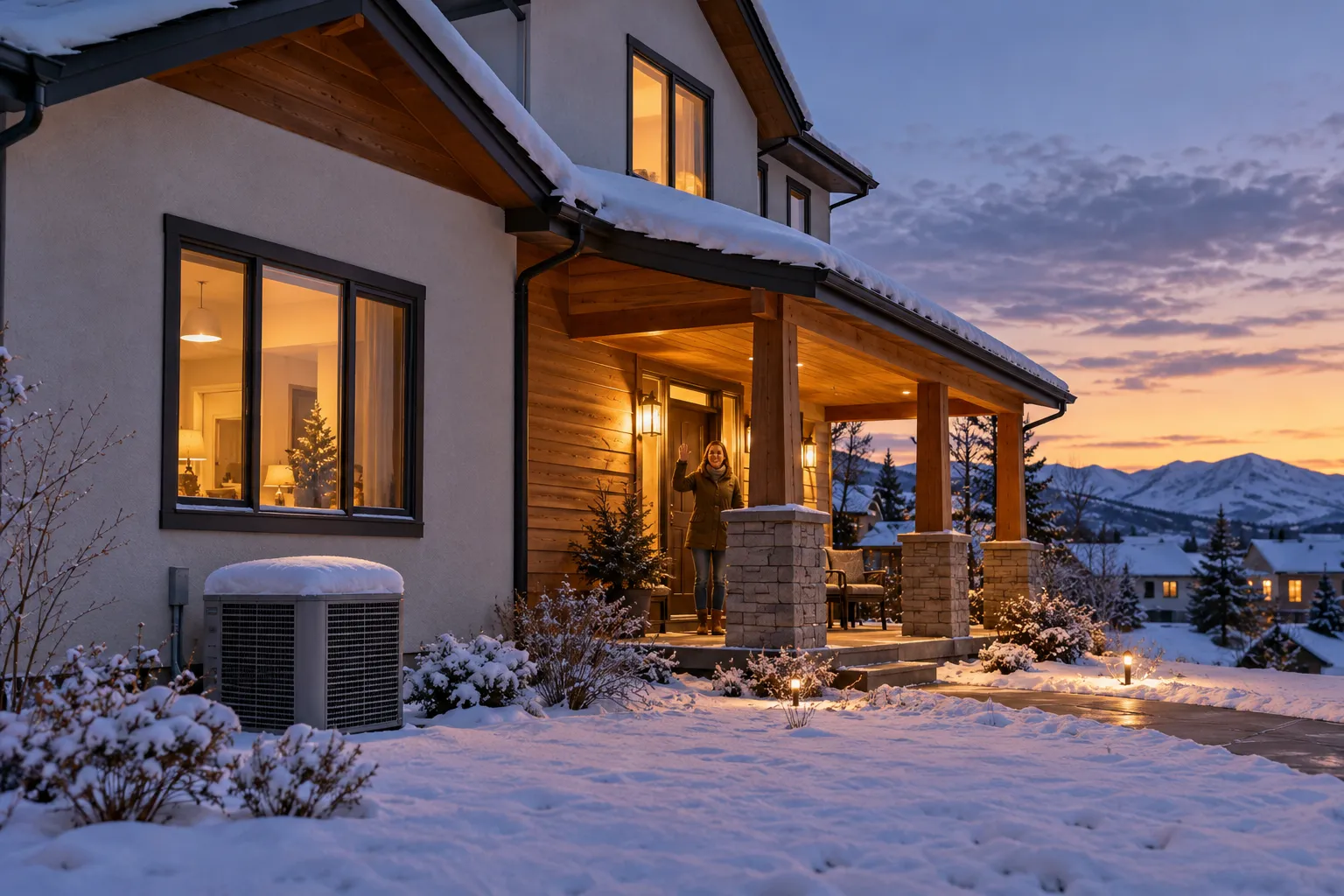 Frame home with an outdoor AC unit and a light dusting of snow across the Eagle Mountain area